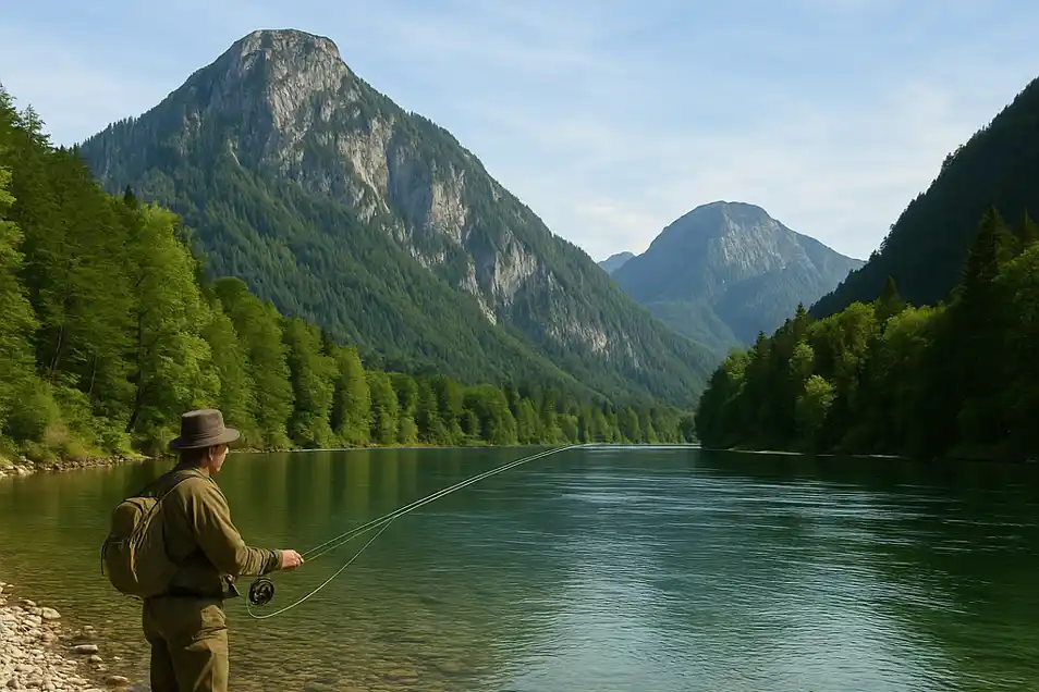 Eine eprson beim Fliegenfischen an der Traun